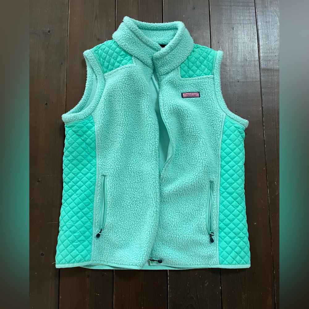 Vineyard Vines Sea View Mint Green quilted fleece Sherpa zip vest Women’s Medium
